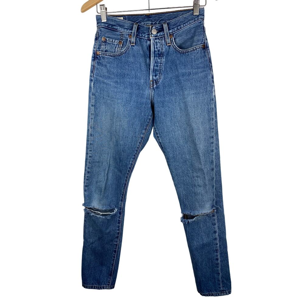 Levi's 501 S BIG E Size 25X30 Medium‎ Wash Button Fly Distressed Blue Jeans*
